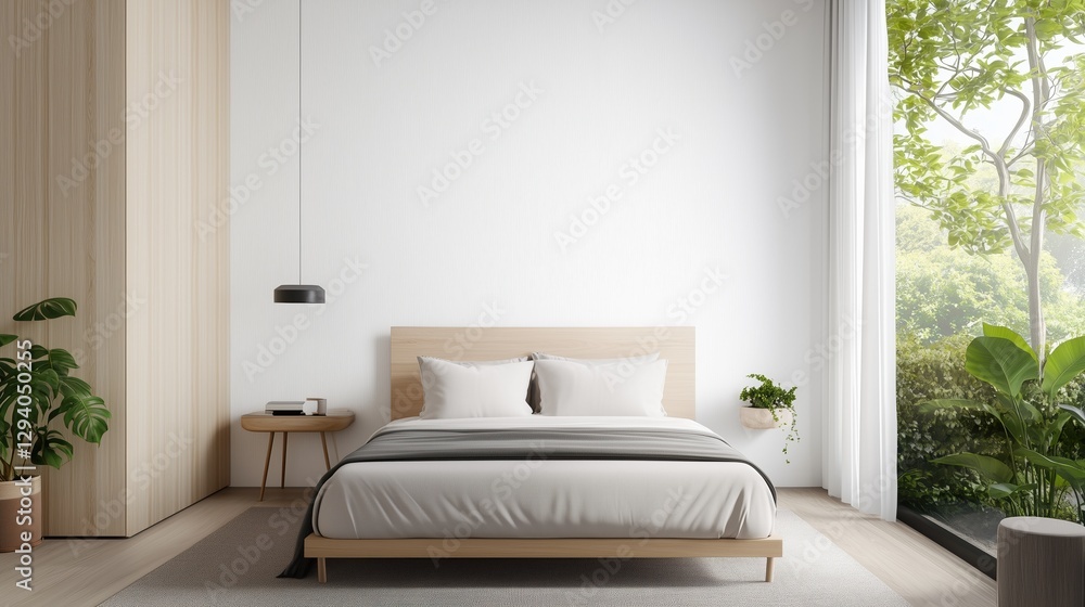 Fototapeta premium A bedroom with a white wall and a wooden dresser. The bed is made and has a white comforter. There is a potted plant on the dresser and a vase on the nightstand. The room has a clean