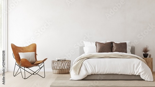 A white bedroom with a brown chair and a white bed. The chair is placed in front of the bed and the bed is covered with a white comforter