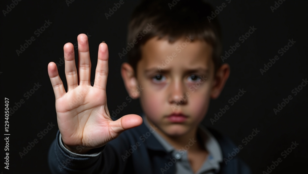 Child Abuse and Violence, Little Boy Child with Hand Gesture Stop, Human Trafficking of Children and Kidnapping Child Abuse and Violence, Little Boy Child with Hand Gesture Stop, Human Trafficking of Children and Kidnapping