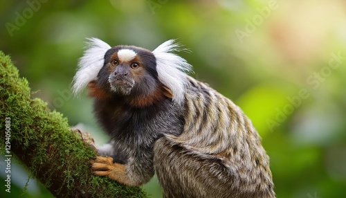 Playful Whitetufted Marmoset Perched High Above a Lush Green Rainforest Canopy, Amidst Vibrant Flora and Fauna, Evoking a Sense of Tropical Exuberance. photo