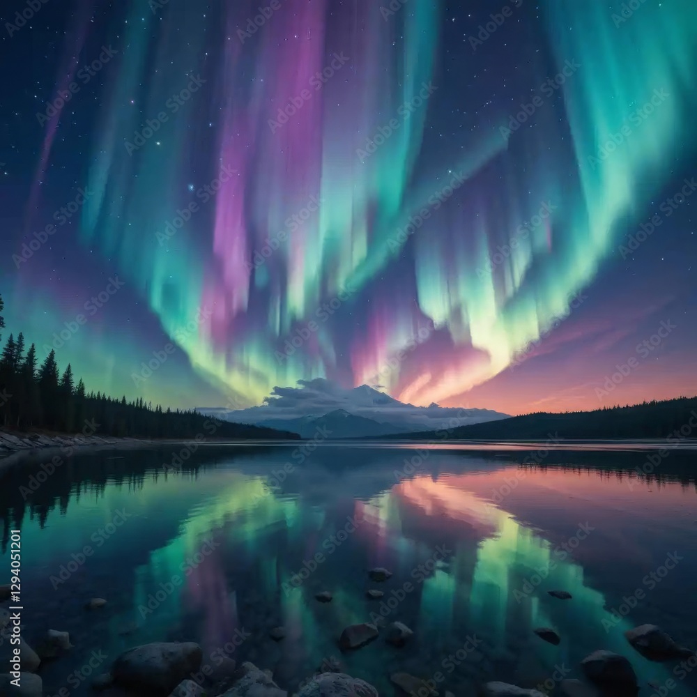 An ethereal aurora over a crystal-clear lake An ethereal aurora over a crystal-clear lake
