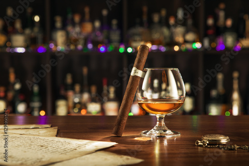 NO LOGOS OR TRADEMARKS!  SELF MADE LABELS! close up view of cigar and whiskey glass on color back. 