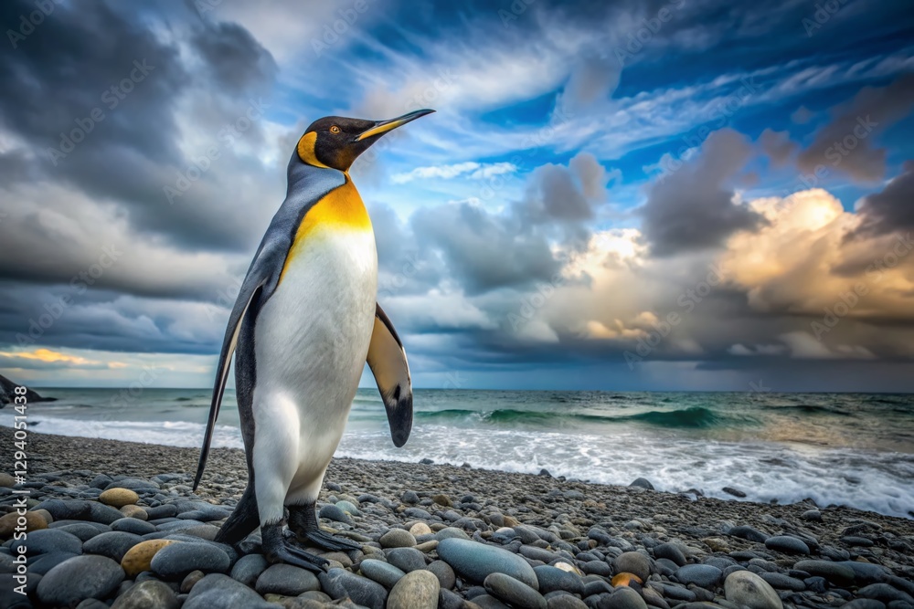 Fototapeta premium King Penguin on Pebble Beach, Antarctic Ocean Background - Wildlife Photography