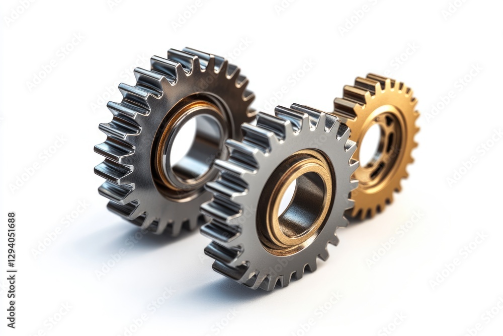 Three metallic gears interlock, showcasing industrial machinery and teamwork. Three metallic gears interlock, showcasing industrial machinery and teamwork.