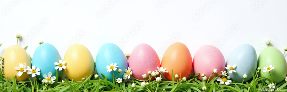 A Classic Easter Scene Features Colorful Eggs And Delicate Flowers Set Against A Pure White Background. A Classic Easter Scene Features Colorful Eggs And Delicate Flowers Set Against A Pure White Background.