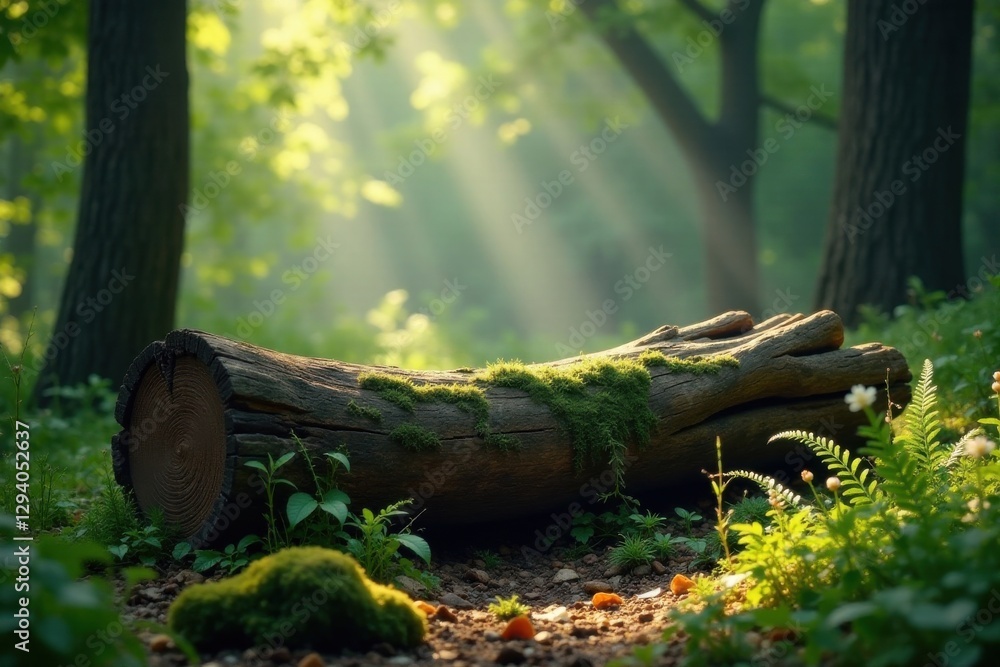 Obraz premium Sunlit Forest Path Fallen Log Covered in Lush Moss with Vibrant Greenery