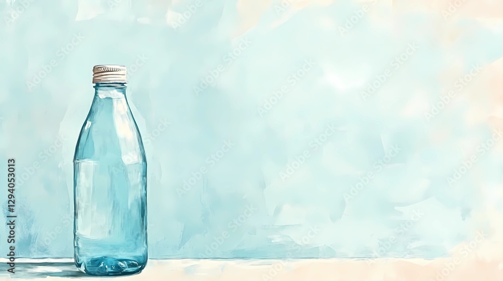 Obraz premium Reusable glass water bottle filled with purified water, captured in a bright studio setting, suitable for branding, wellness, and hydration topics, comic book style