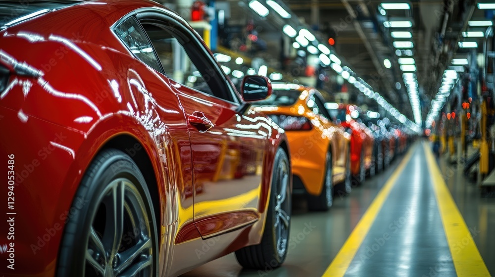 Shiny new car bodies lined up in a brightly lit assembly plant, waiting for final touches. Shiny new car bodies lined up in a brightly lit assembly plant, waiting for final touches.