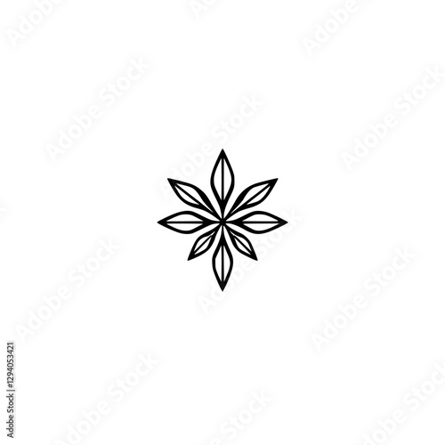 Starburst-like Floral Illustration on White Background: A simple, symmetric design in black and white with a central point and petals.