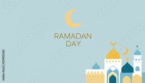 Ramadan Kareem - Minimalist Islamic Mosque Illustration with Crescent Moon"