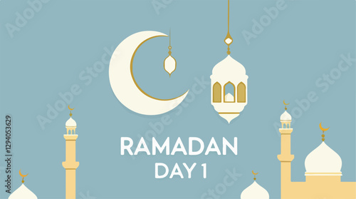 Ramadan Kareem - Minimalist Islamic Mosque Illustration with Crescent Moon"