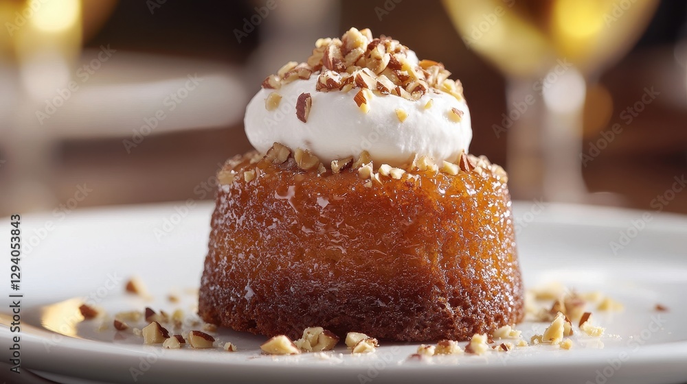 A mini Spanish praline cake, adorned with a dollop of whipped cream and a sprinkle of chopped hazelnuts. The small size and decadent topping make this a perfect dessert A mini Spanish praline cake, adorned with a dollop of whipped cream and a sprinkle of chopped hazelnuts. The small size and decadent topping make this a perfect dessert