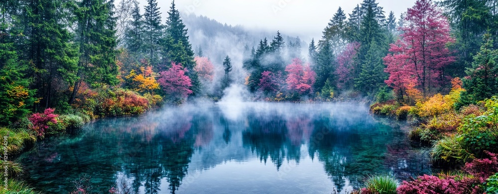 Naklejka premium steam expanding spreading Misty Lake with Vibrant Autumn Foliage