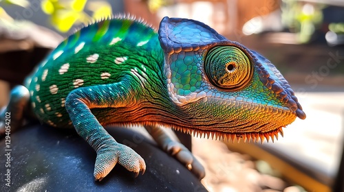 A close-up of a chameleona??s skin, its iridescent scales seamlessly blending from bright emerald green to warm sunset orange under the natural sunlight.