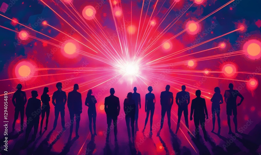 Fototapeta premium Silhouetted figures facing a bright, radiating light.