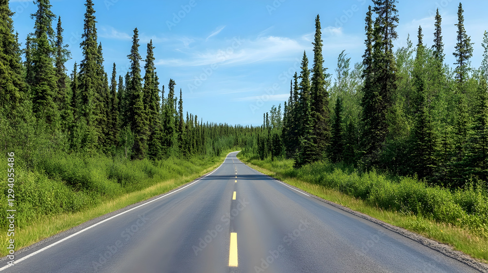 An empty road surrounded by tall green trees promoting ecofriendly travel and nature appreciation vibrant and clear An empty road surrounded by tall green trees promoting ecofriendly travel and nature appreciation vibrant and clear