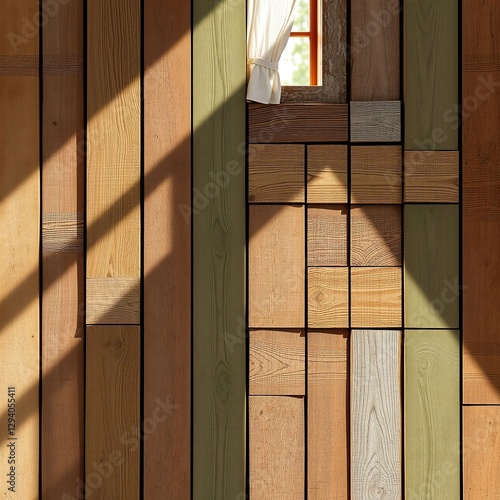 an image of a window with a curtain on a wooden wall, there is a window in a wooden wall with a curtain photo