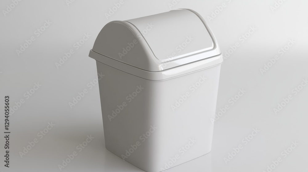 Open-lid trash bin placed on a smooth, clean white surface Open-lid trash bin placed on a smooth, clean white surface
