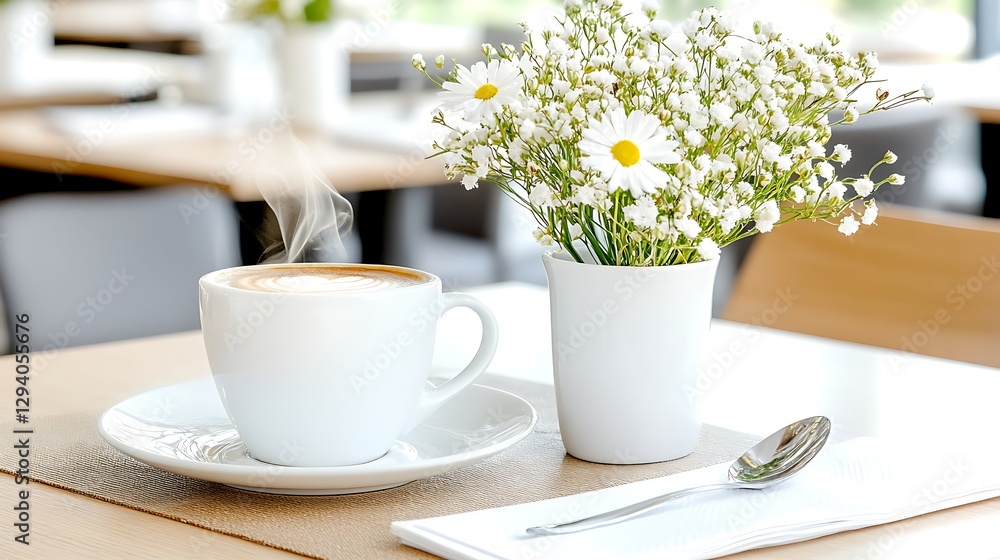 Aromatic Coffee with Steaming Latte Art White Daisies and Elegant Table Setting Aromatic Coffee with Steaming Latte Art White Daisies and Elegant Table Setting
