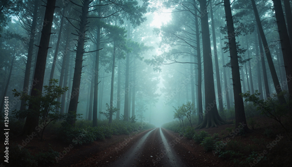 Fototapeta premium Mysterious fog envelops forest pathway, exploring nature's secrets