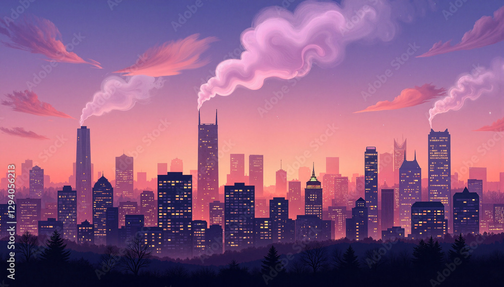 Fototapeta premium Vibrant smokey city skyline at dusk, urban beauty