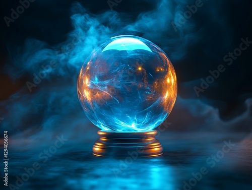 A luminous crystal ball floating on a reflective surface