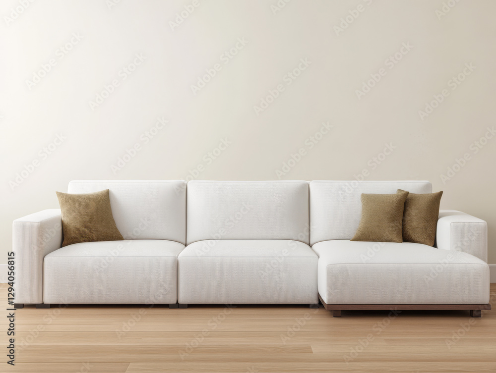 Modern white sectional sofa with decorative pillows in a minimalist living room Modern white sectional sofa with decorative pillows in a minimalist living room