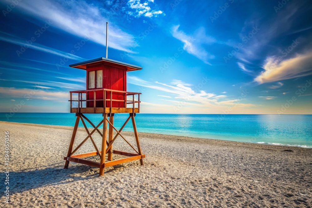 Lifeguard Tower on Pebble Beach, Calm Sea, Sunny Day - Stock Photo Lifeguard Tower on Pebble Beach, Calm Sea, Sunny Day - Stock Photo