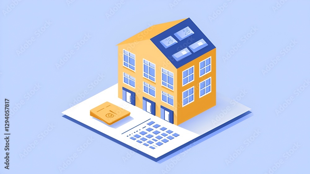 Isometric apartment building with documents. Possible use for rental or financial planning Isometric apartment building with documents. Possible use for rental or financial planning