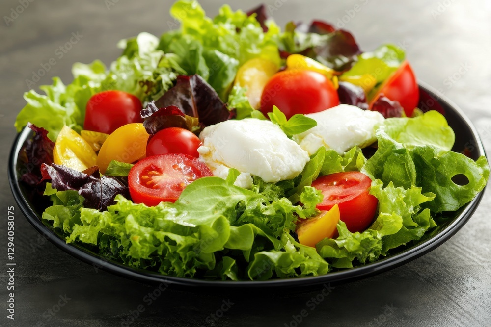Burrata Salad. Epicure Plate of Fresh Greener Salad Portions at Gourmet Eatery Burrata Salad. Epicure Plate of Fresh Greener Salad Portions at Gourmet Eatery