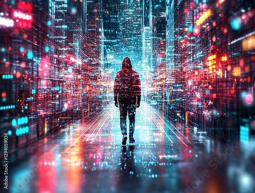 Wallpaper Mural A man in a hood, on the street, at night, in the lights of a big city, and digital waves. A man in an urban digital space, concept. Torontodigital.ca