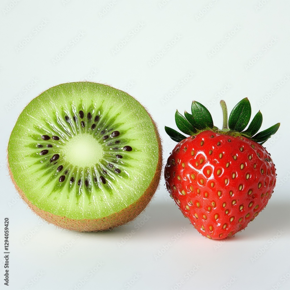 Halved kiwi, strawberry, white background, healthy food, recipe Halved kiwi, strawberry, white background, healthy food, recipe