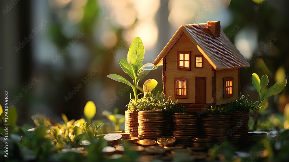Real Estate Investment and Growth Concept, A wooden house model sits on stacks of coins with a small plant growing beside it Real Estate Investment and Growth Concept, A wooden house model sits on stacks of coins with a small plant growing beside it