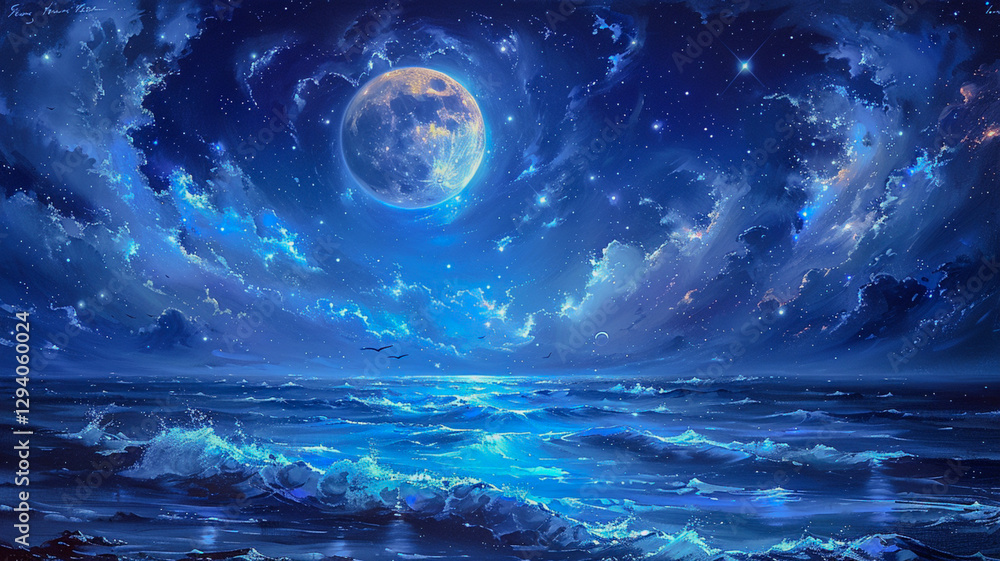 A stunning night sky with a full moon, stars, and clouds illuminated by a warm, glowing horizon. A stunning night sky with a full moon, stars, and clouds illuminated by a warm, glowing horizon.