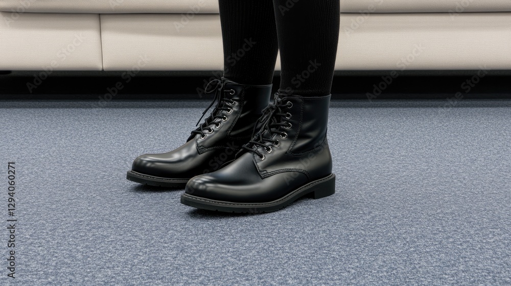 Black leather boots with laces are showcased against a gray-blue carpet, creating a trendy, minimalistic atmosphere in a living area Black leather boots with laces are showcased against a gray-blue carpet, creating a trendy, minimalistic atmosphere in a living area