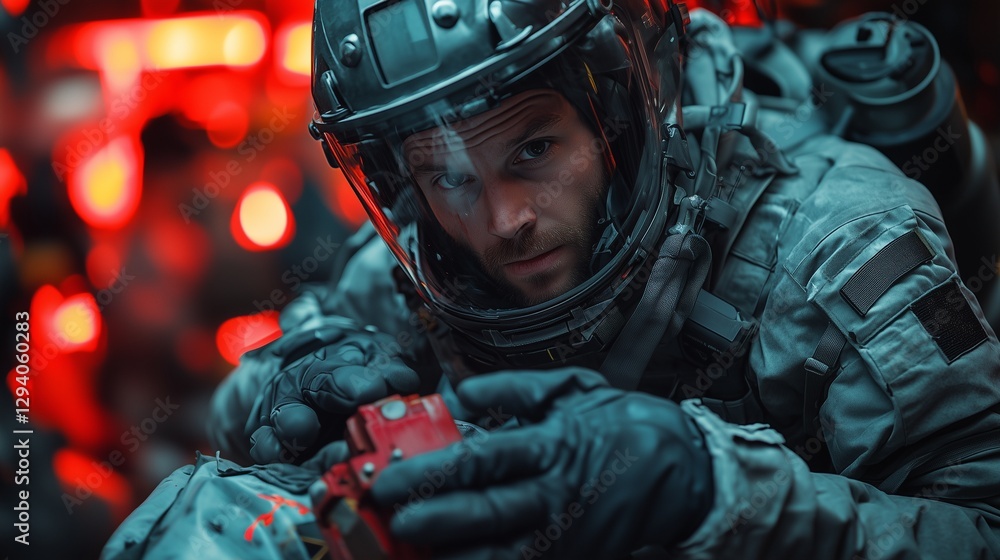 A bomb disposal technician in a gray special suit with a helmet examining equipment in a dimly lit city with red ambient lighting A bomb disposal technician in a gray special suit with a helmet examining equipment in a dimly lit city with red ambient lighting