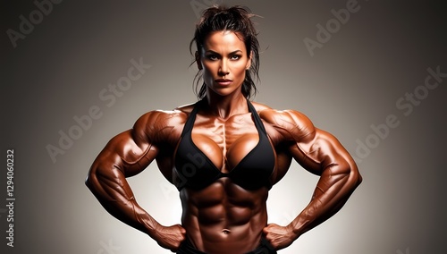 Muscle Definition and Strength: Female Bodybuilder Athlete in Black Bikini Showcases Powerful Pose for Fitness Photography