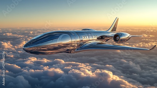 A futuristic private jet with a streamlined design, its polished metallic exterior reflecting a gradient of silver to sapphire blue as it flies above the clouds.