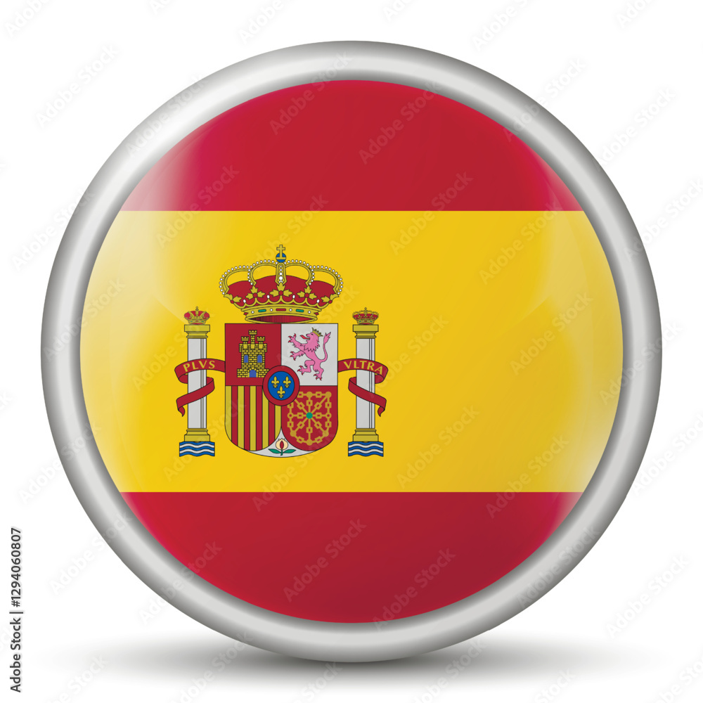 Glass light ball with flag of Spain. Round sphere, template icon. Spanish national symbol. Glossy realistic ball, 3D abstract vector illustration highlighted on a white background. Big bubble. Glass light ball with flag of Spain. Round sphere, template icon. Spanish national symbol. Glossy realistic ball, 3D abstract vector illustration highlighted on a white background. Big bubble.