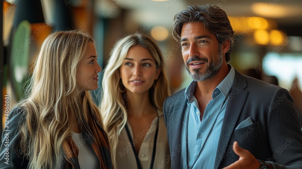 A man in a suit conversing with two women in a modern cafe with warm lighting and blurred background A man in a suit conversing with two women in a modern cafe with warm lighting and blurred background