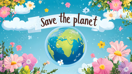 Vector illustration of a cartoon-style planet Earth with flowers and the text 