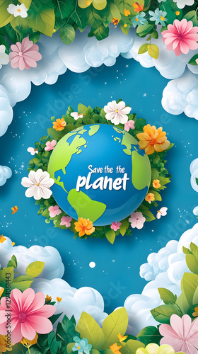 Vector illustration of a cartoon-style planet Earth with flowers and the text 