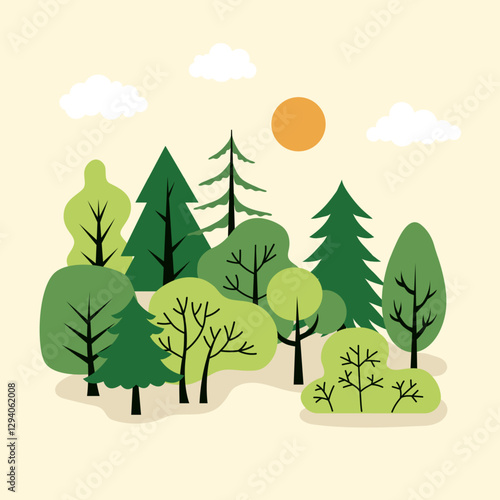 Green forest landscape. Simple and flat design. Vector elements for a poster, banner, or card. Trees icons 