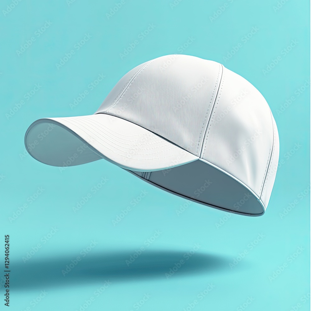 Blank White Baseball Cap Leans on Light Teal Background Blank White Baseball Cap Leans on Light Teal Background