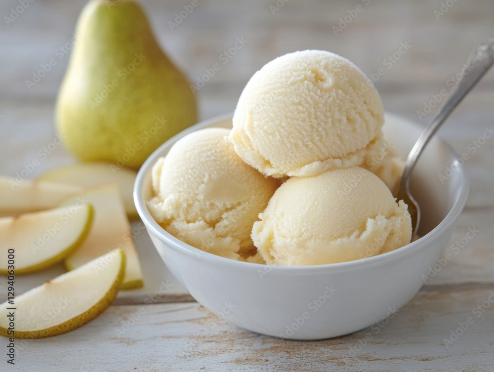 Delicious pear ice cream scoops in white bowl food photography kitchen cozy setting close-up view Delicious pear ice cream scoops in white bowl food photography kitchen cozy setting close-up view