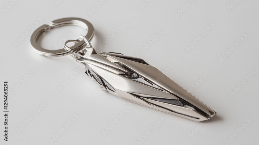 Sleek titanium keychain with a futuristic design, white background Sleek titanium keychain with a futuristic design, white background