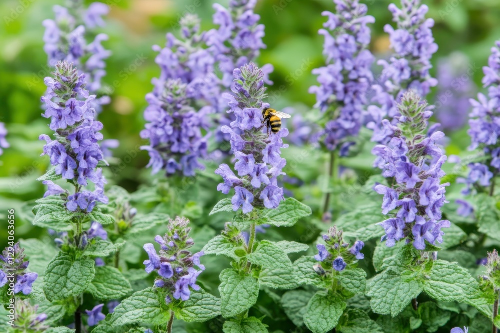 Obraz premium Catmint Flower: Close-up of Blooming Purple Catmint Plant with Bumblebee in Garden