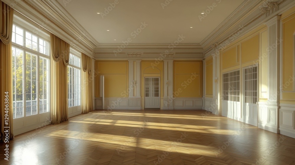 Elegant ballroom interior with golden walls and herringbone floor bathed in warm sunlight creating a luxurious atmosphere for event planning and architectural design
