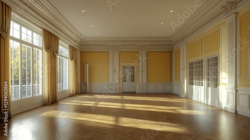 Obraz na płótnie Elegant ballroom interior with golden walls and herringbone floor bathed in warm sunlight creating a luxurious atmosphere for event planning and architectural design w salonie