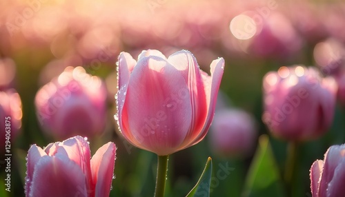 A delicate pink tulip covered in morning dew, 8K resolution, every curve of the petal highlighted with natural light, hyper-realistic textures with a soft-focus field of tulips behind it.